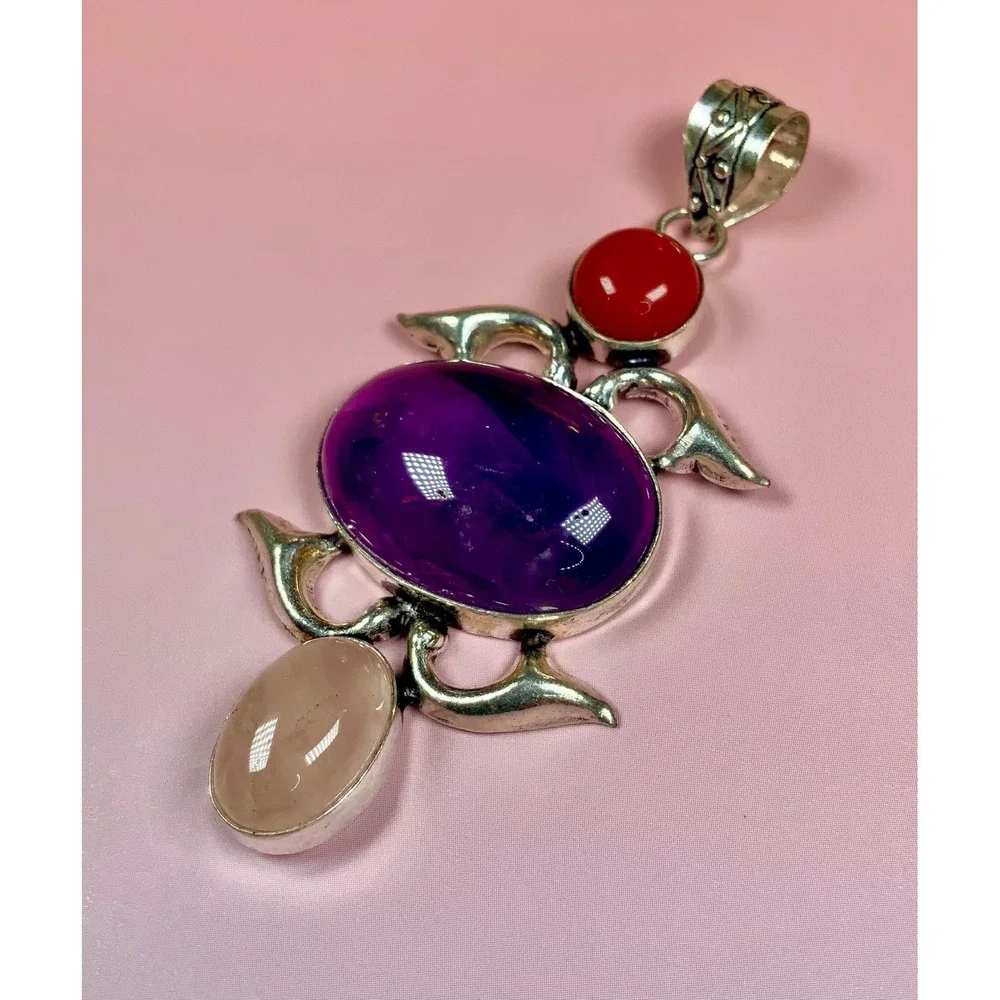 💜❤️🤍 Amethyst Coral & Rose‎ Quartz Statement Pendant Boho Cabochon 🤍❤️💜